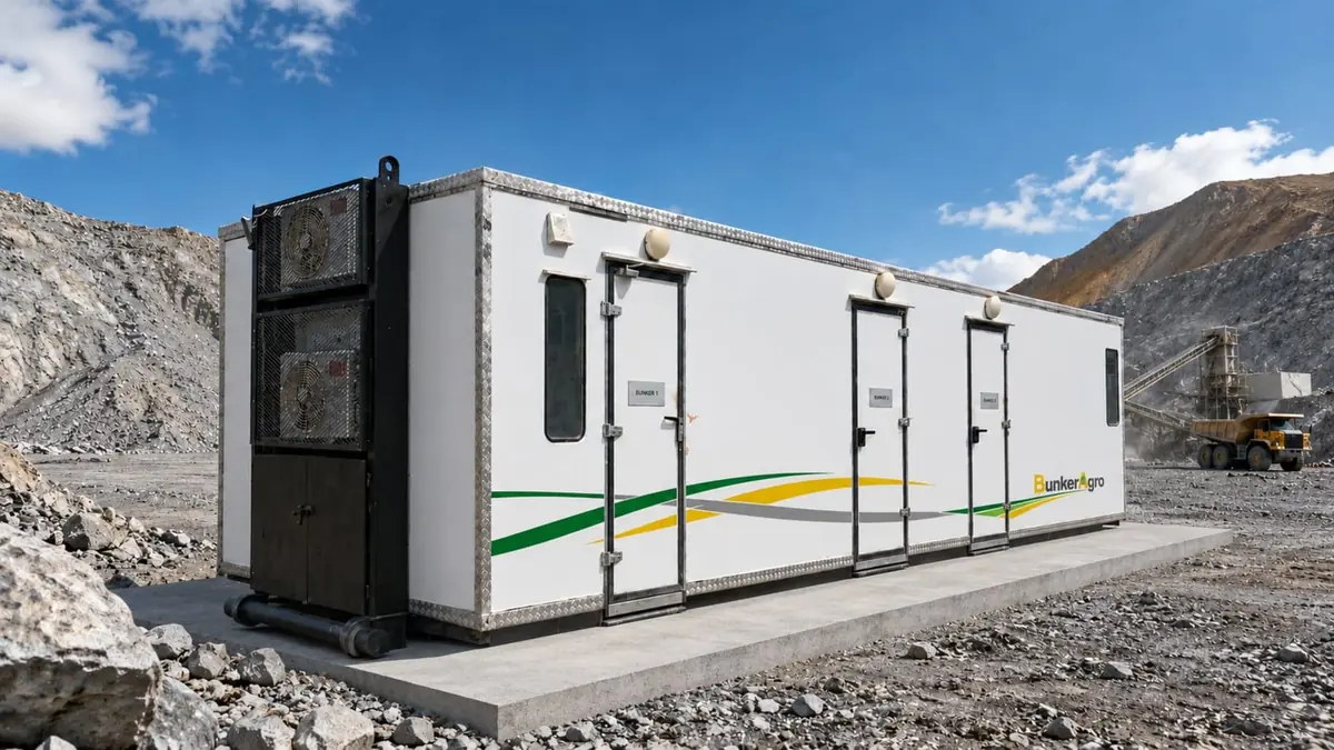 Módulo habitacional BunkerAgro sobre patines instalado en una cantera